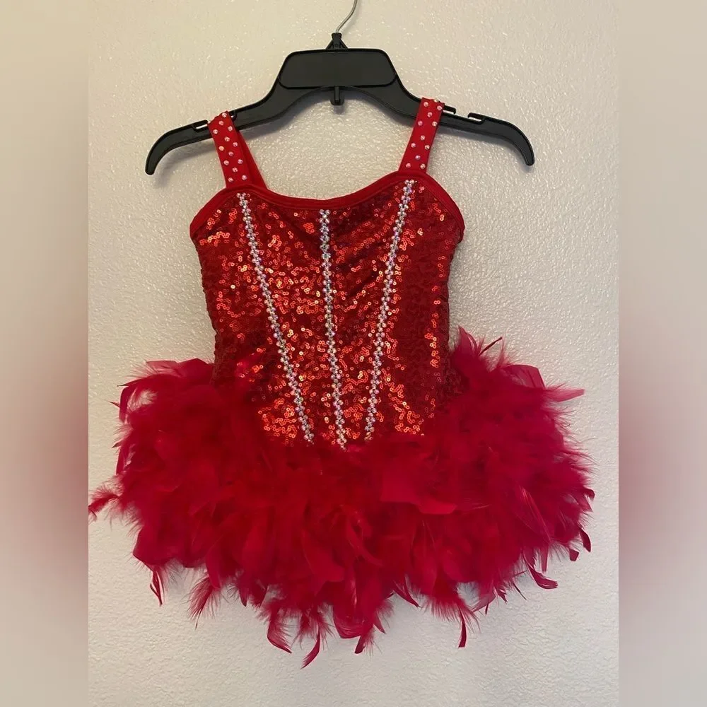 Competition Solo Dance Costume custom red feather sassy jazz MC-Medium child